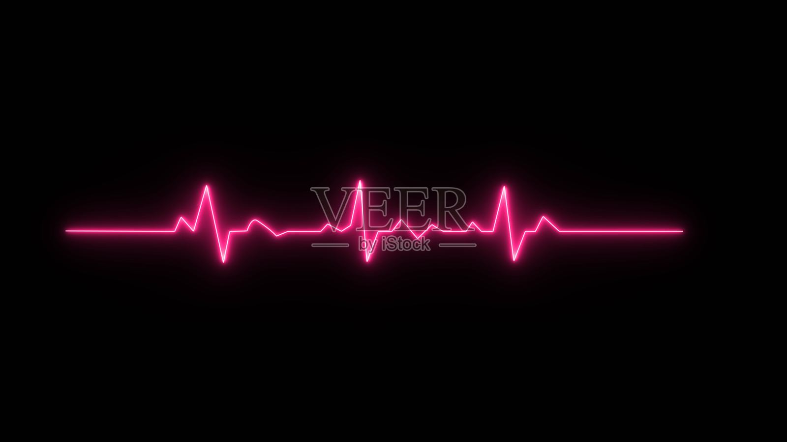 霓虹心跳信号图标插画。心电图霓虹灯心率显示屏医疗研究插画。黑色背景上的霓虹心跳图标。照片摄影图片
