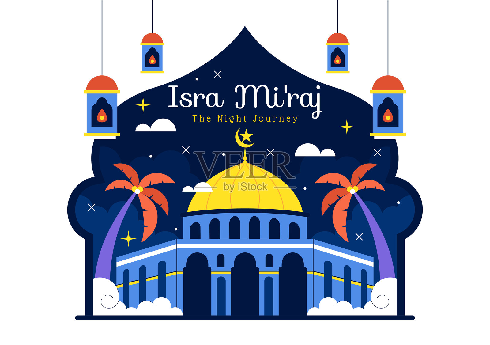 伊斯兰节日扁平化背景下，描绘先知穆罕默德夜行、清真寺和灯笼的伊斯兰教“登霄节”矢量插画插画图片素材