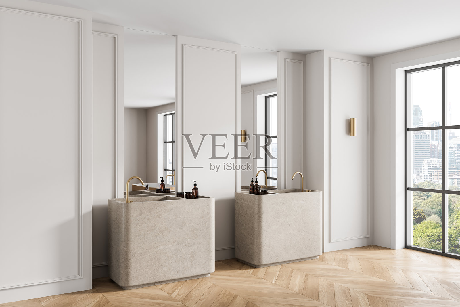 现代浴室室内，设有两个石头材质的水槽和金色水龙头，明亮的房间里有大窗户和城市景观背景。三维渲染。照片摄影图片