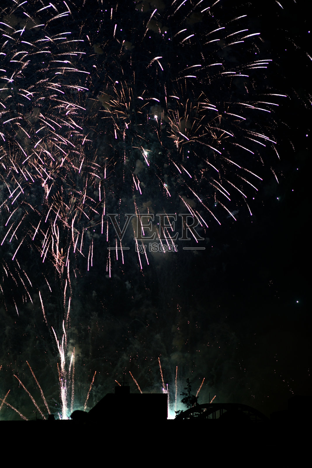 夜晚城市上空绽放的烟花照片摄影图片