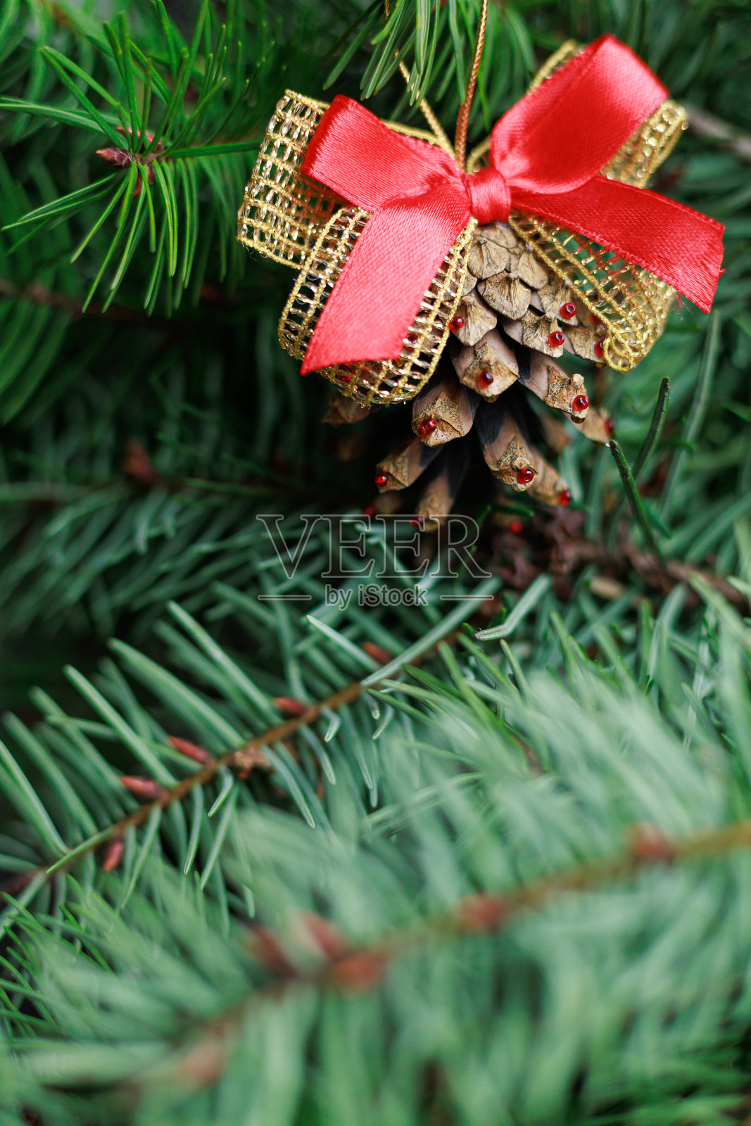 手工制作的圣诞松果，带有丝带照片摄影图片