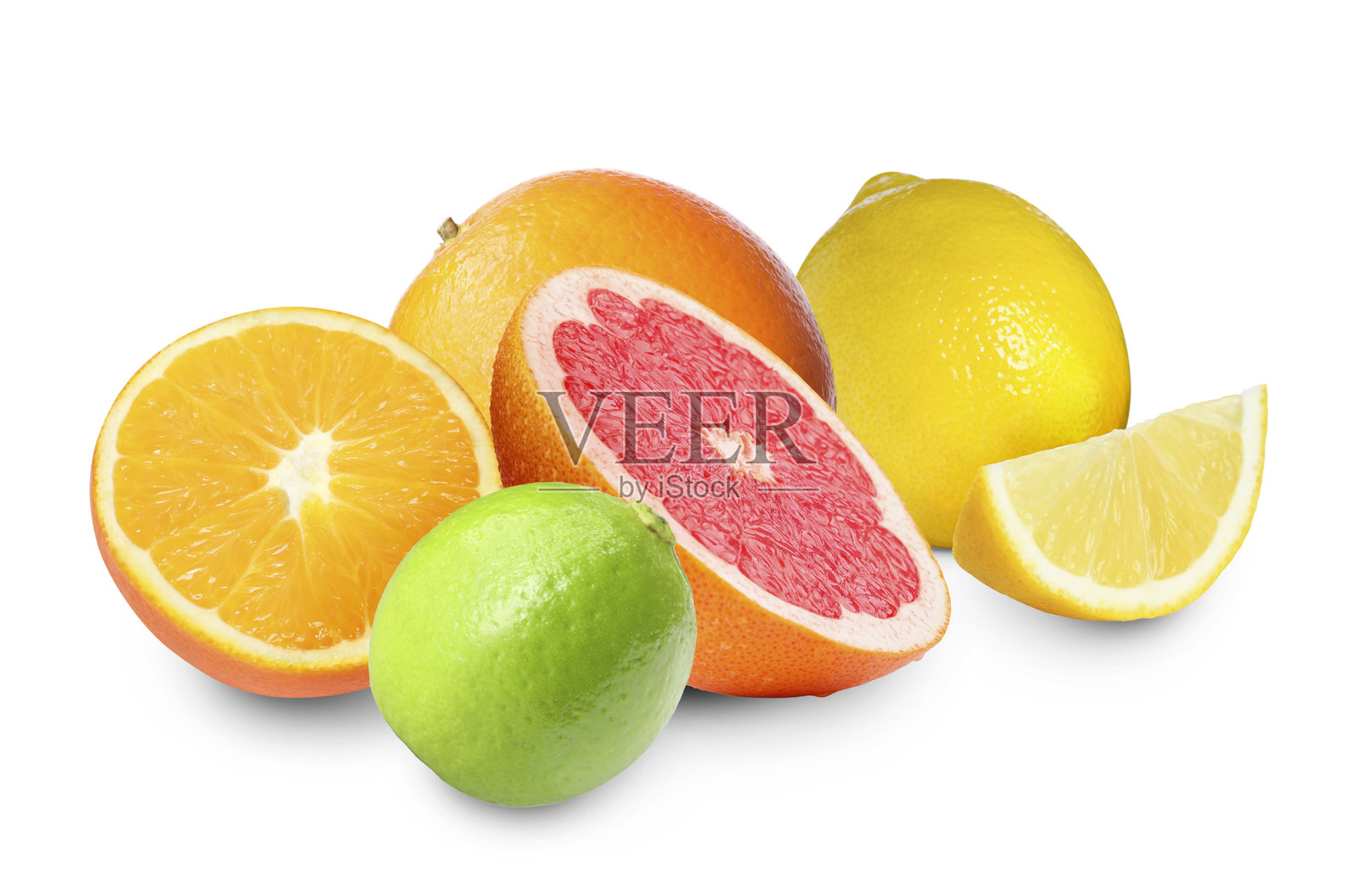 柑橘类水果。新鲜的橙子、葡萄柚、柠檬和青柠，背景为白色。照片摄影图片