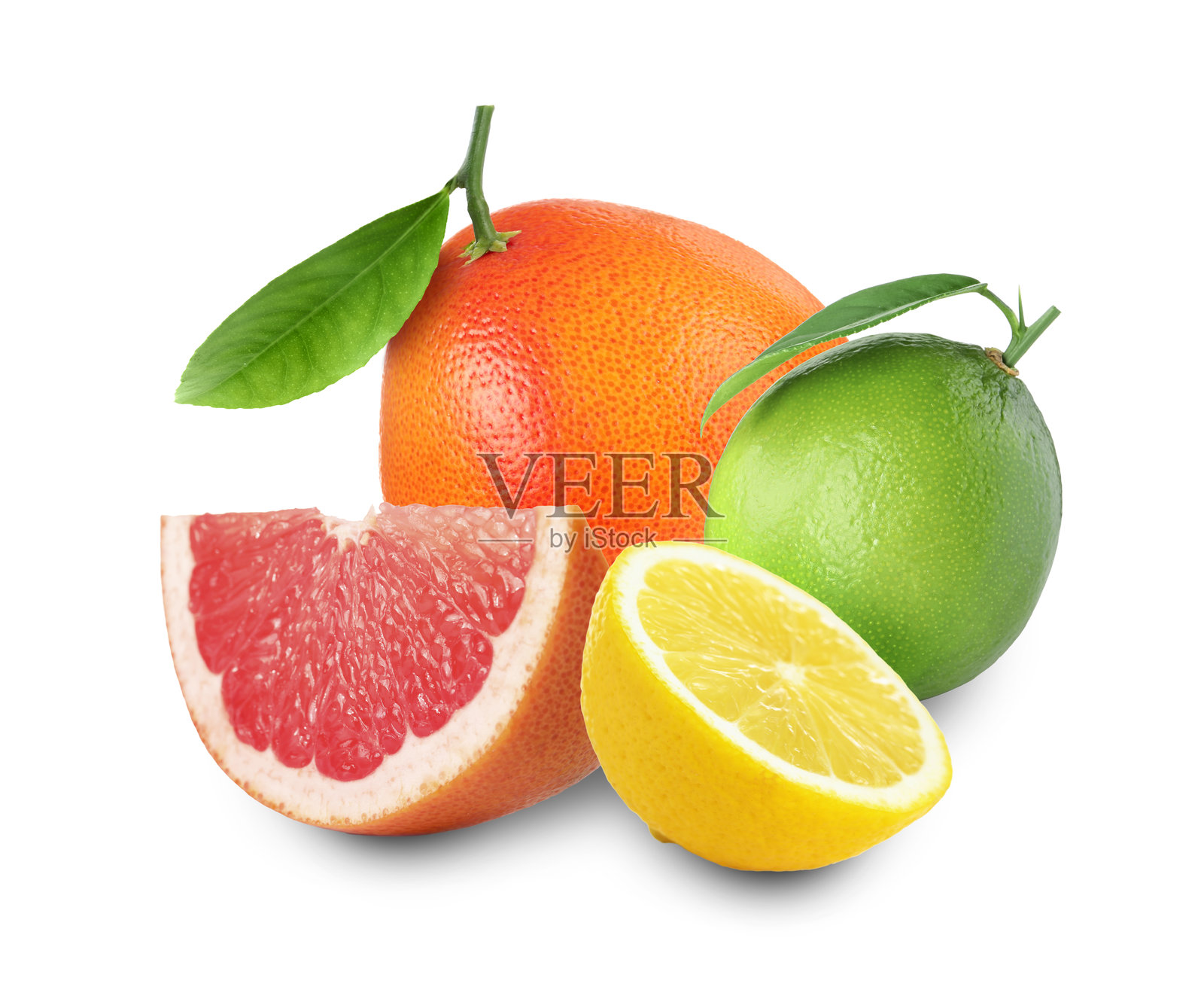 柑橘类水果。新鲜的葡萄柚、柠檬和青柠放在白色背景上照片摄影图片