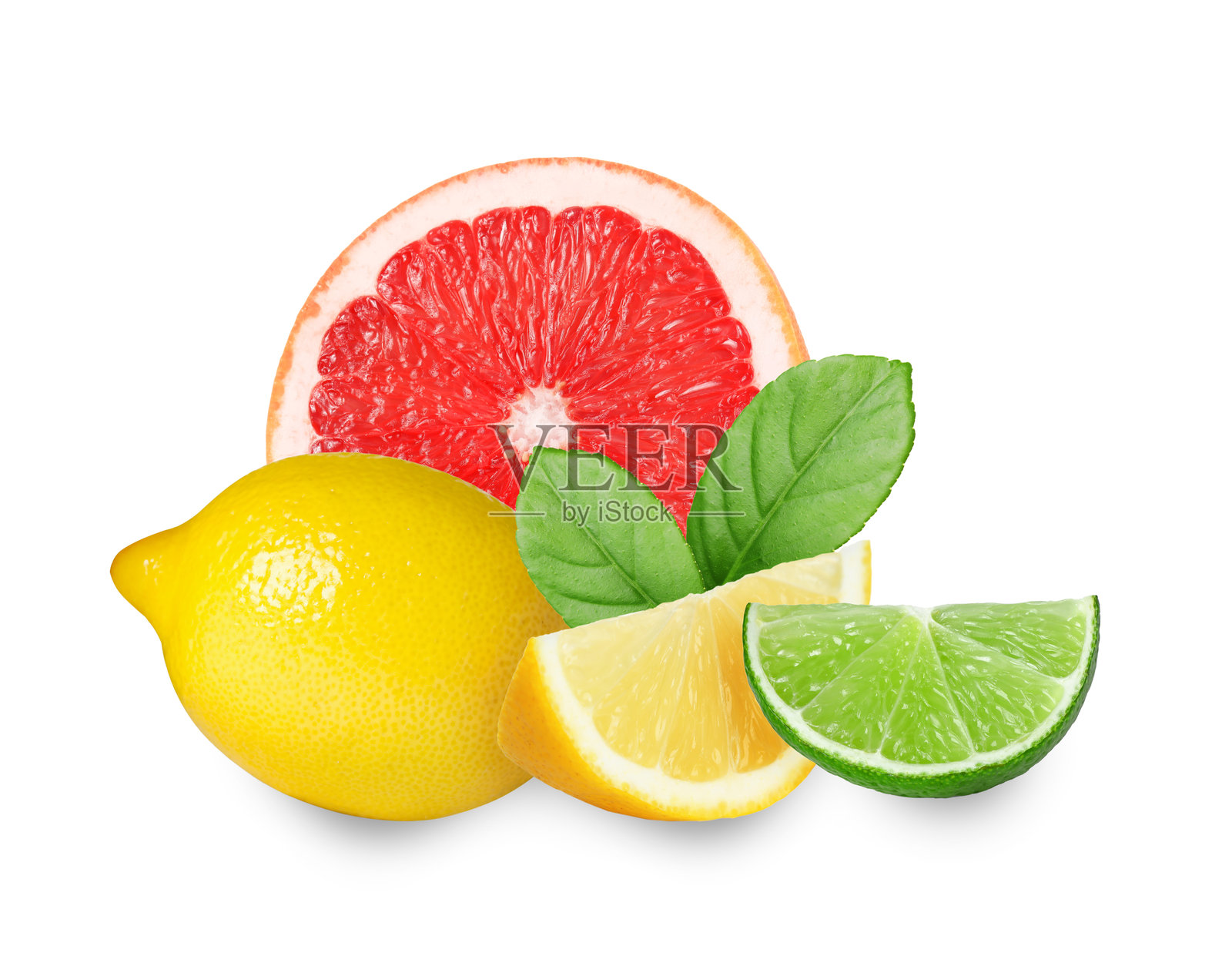 柑橘类水果。新鲜的葡萄柚、柠檬和青柠放在白色背景上照片摄影图片