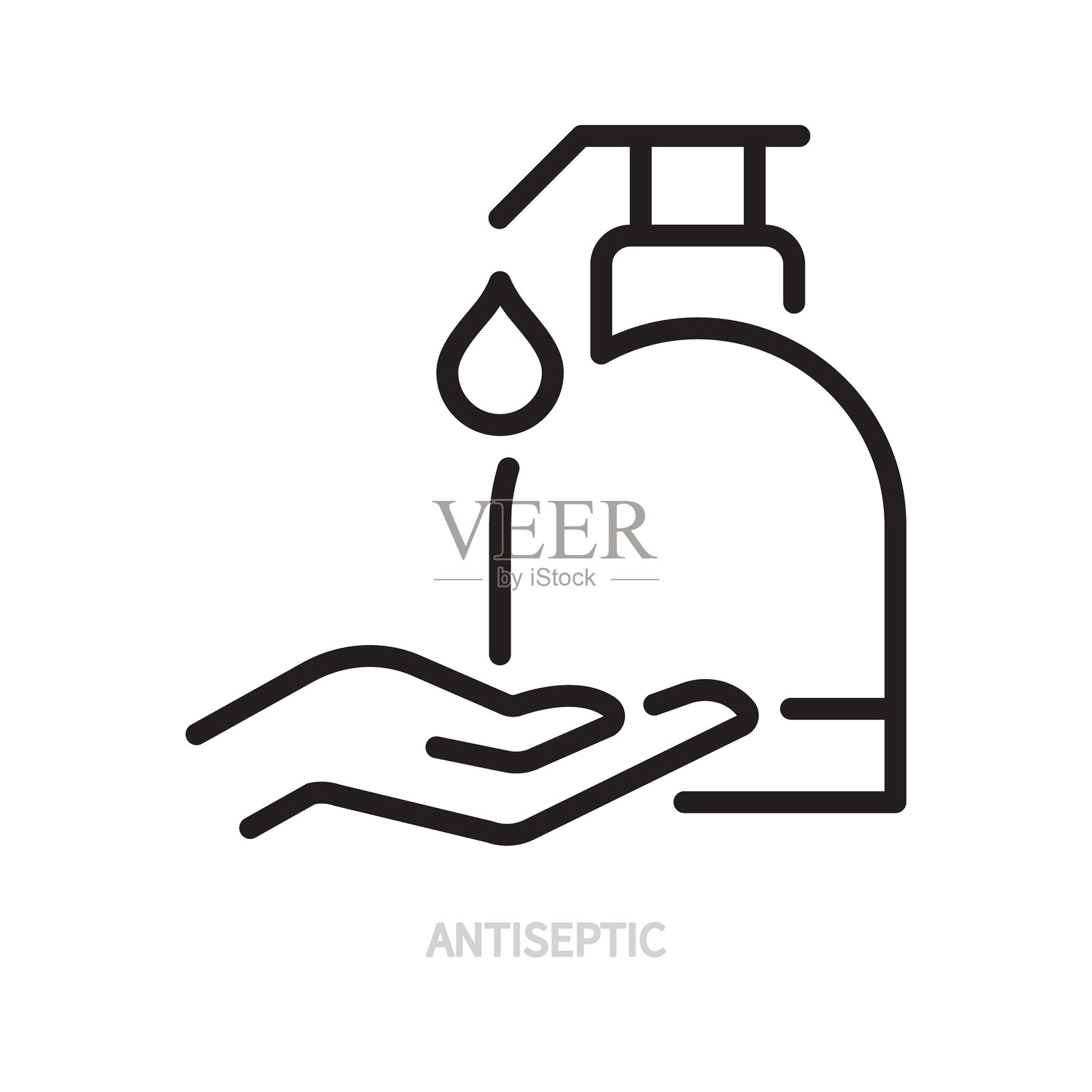 消毒液瓶子线条图标。黑色轮廓标志。人手符号。医药、医疗、医院、健康、保健概念。矢量图。可编辑描边。孤立在白色背景上。插画图片素材