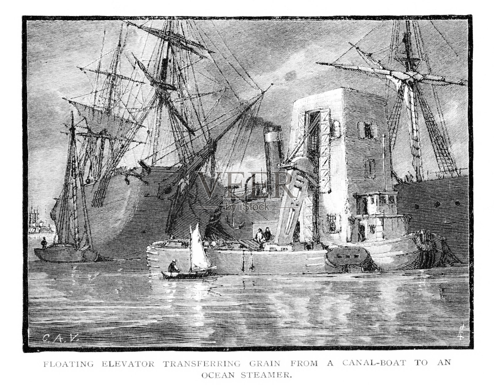 漂浮式粮食装船机，向船只输送谷物插画图片素材