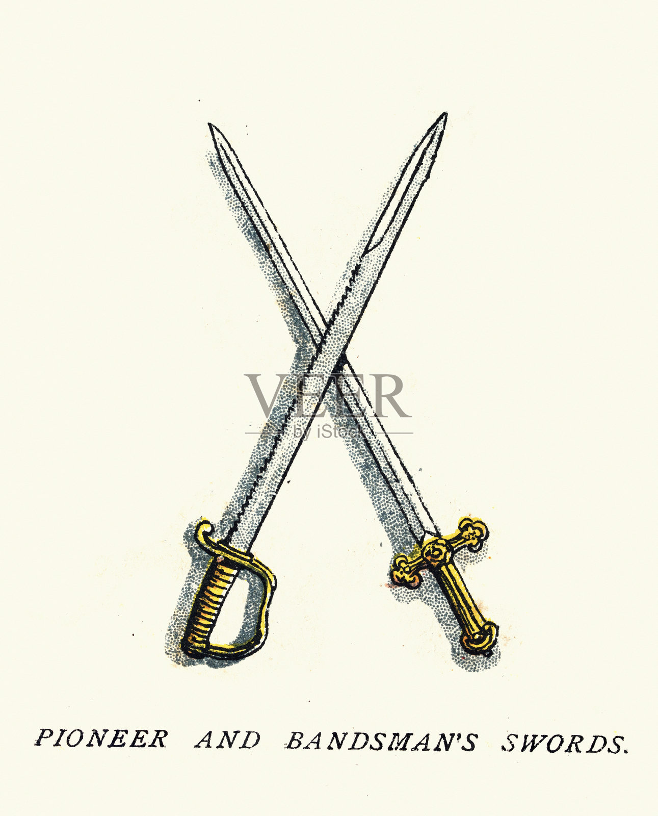 军事历史，英国陆军，武器，交叉的剑，带锯齿刀片的先锋，乐队成员，维多利亚时代 19 世纪插画图片素材