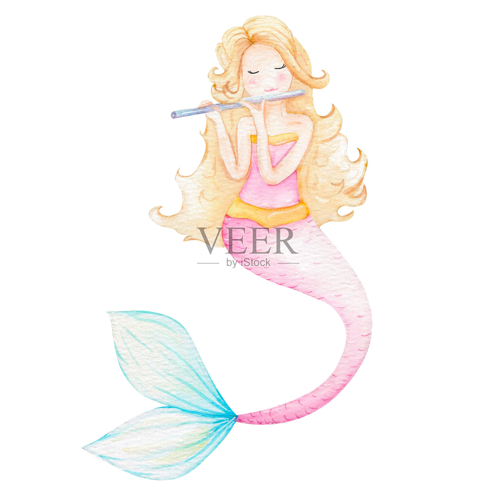 柔和色调的水彩美人鱼女孩吹奏长笛插画插画图片素材