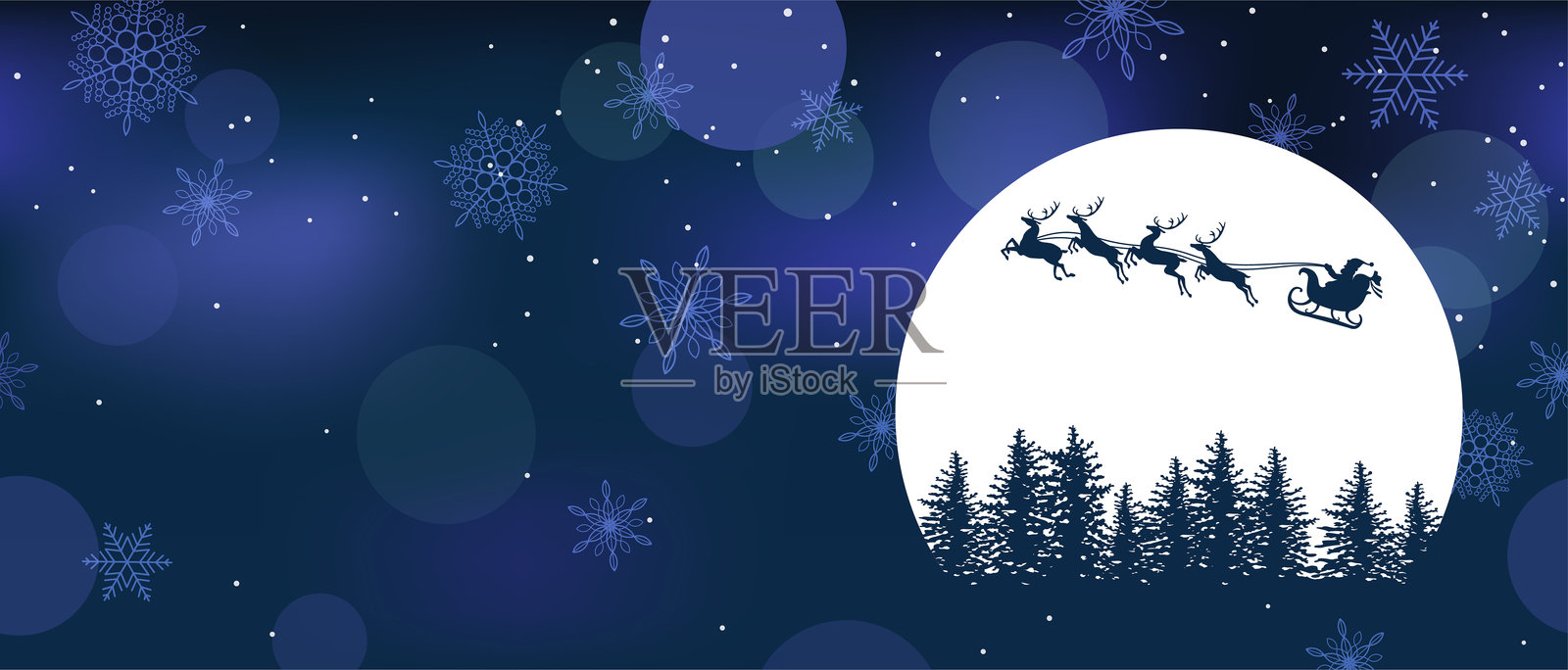 圣诞老人和驯鹿飞过满月。圣诞节矢量背景插画。插画图片素材