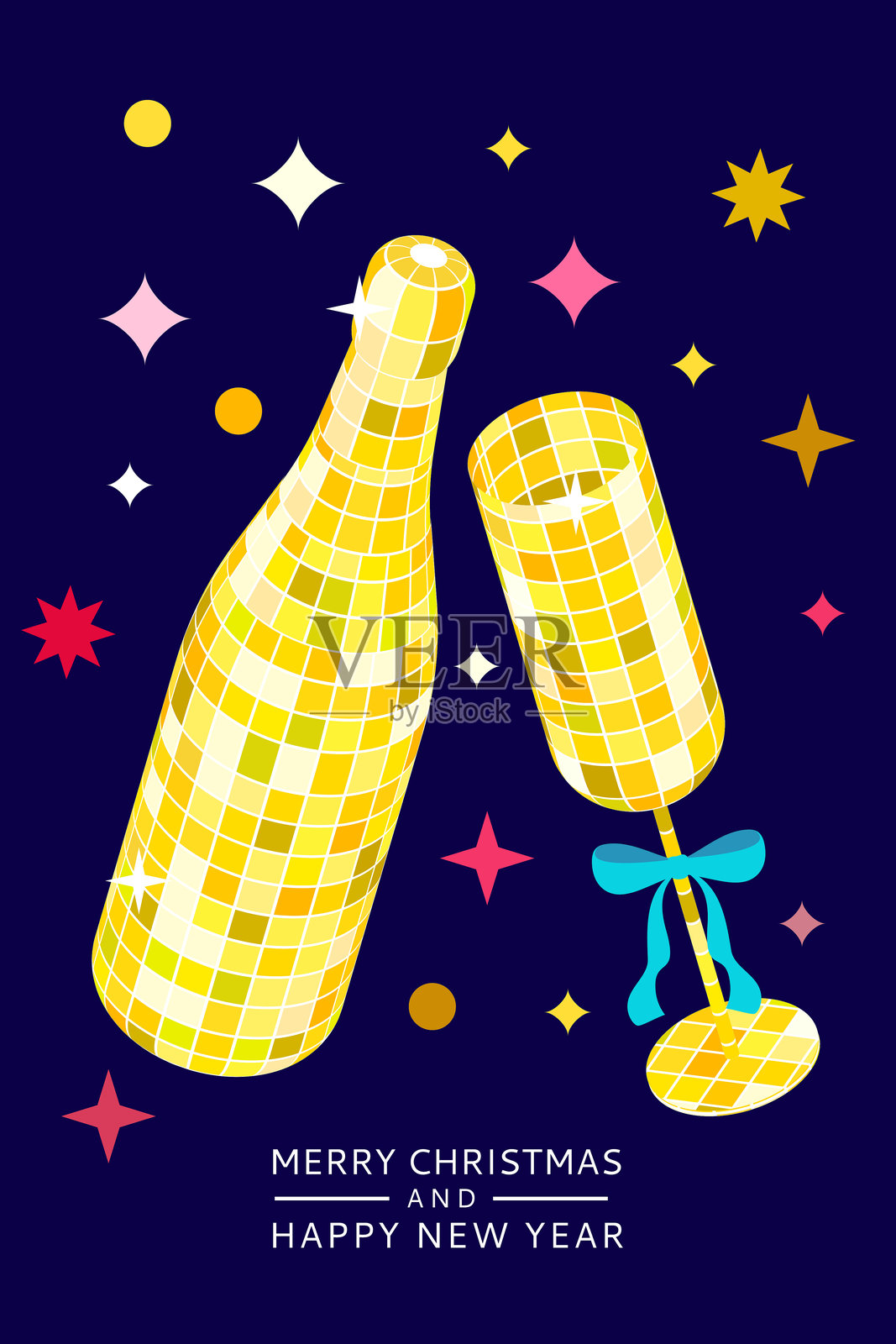 矢量金色香槟杯，瓶身带有镜面迪斯科球纹理插画图片素材