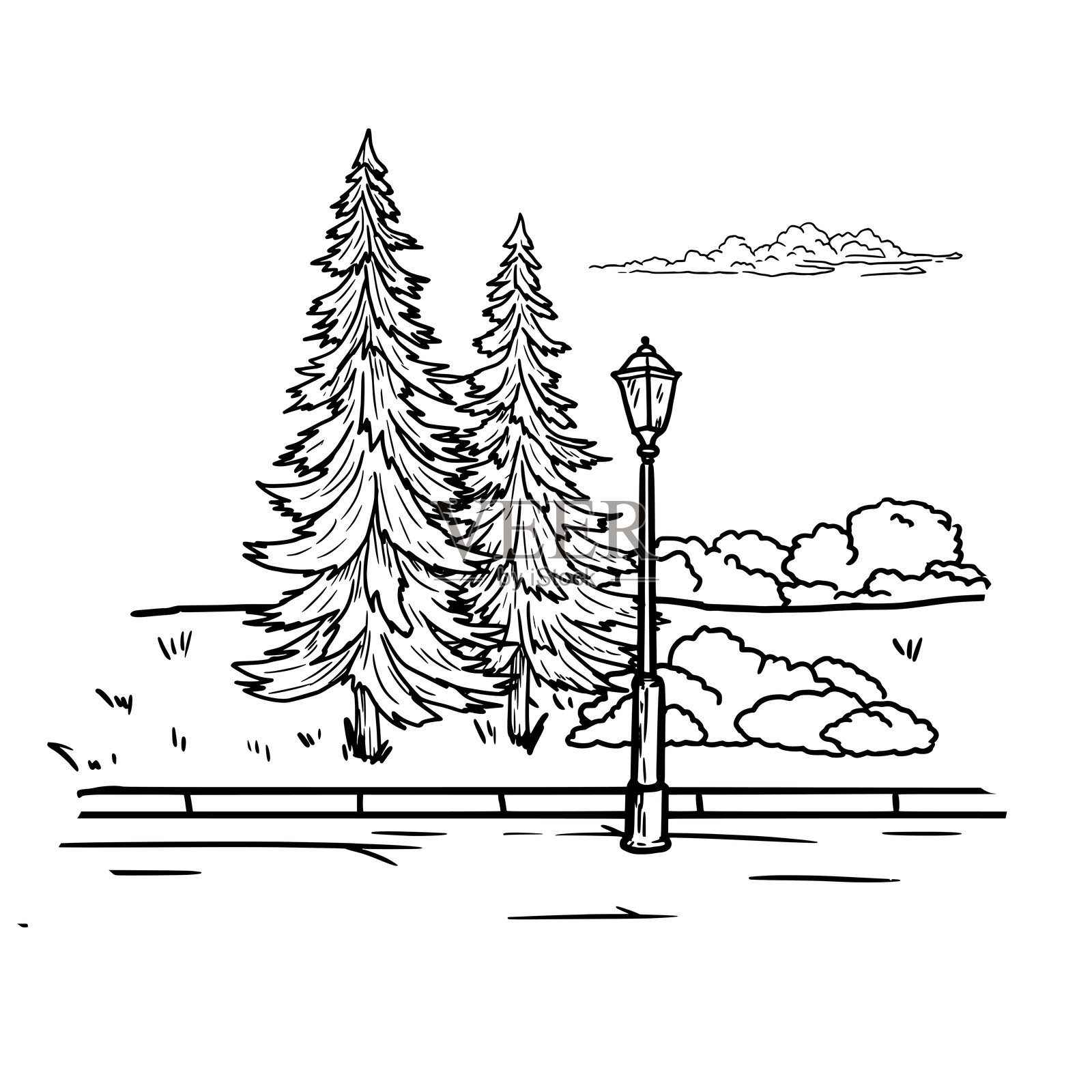 圣诞树和公园灯，人行道旁边的草坪，素描。画风简洁，孤立在白色背景上。矢量插图。城市公园小径，广场插画图片素材