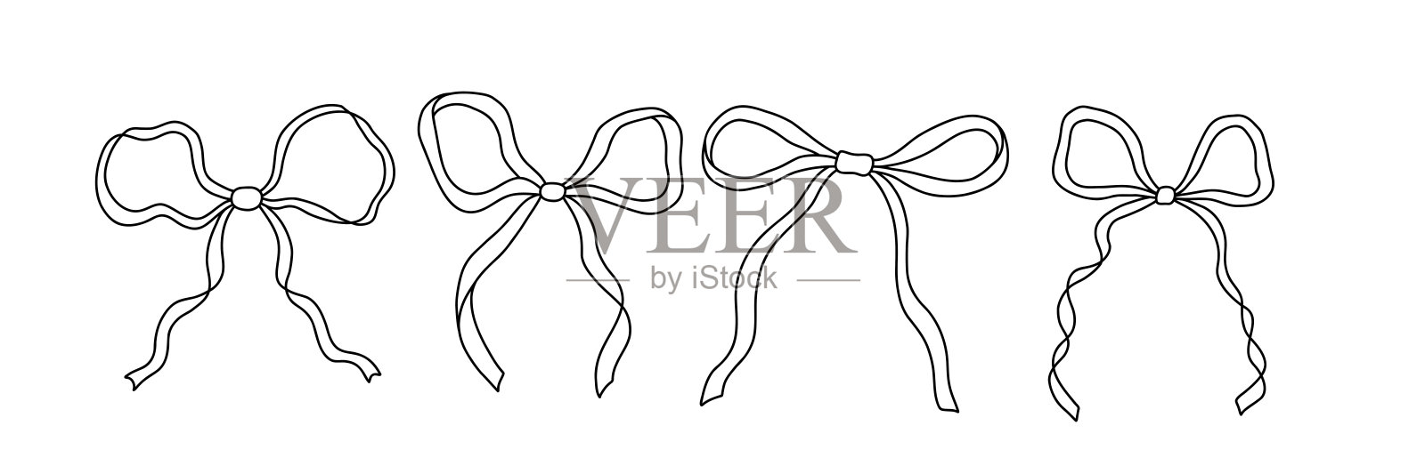 复古涂鸦手绘风格的复古蝴蝶结丝带套装。优雅的集合，非常适合圣诞节、婚礼、生日和情人节设计，是节日贺卡和装饰的理想选择。矢量图插画图片素材