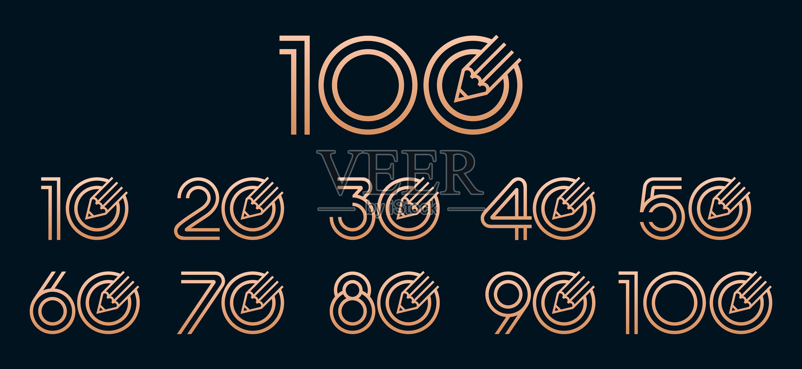 铅笔元素集合，数字从10到100的矢量插图。包含10、20、30、40、50、60、70、80、90、100数字的铅笔元素，适用于贺卡、纪念日等场合。插画图片素材