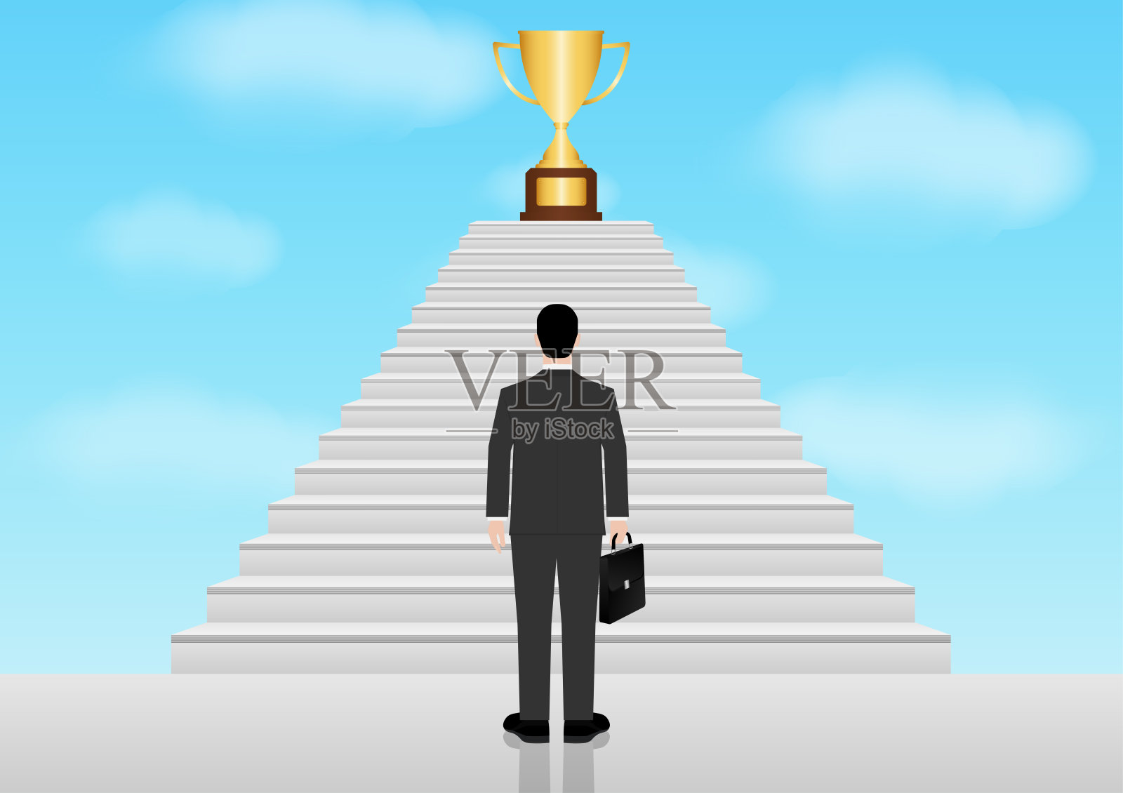 商人看着奖杯，庆祝目标达成。职业成功或目标实现概念。插画图片素材