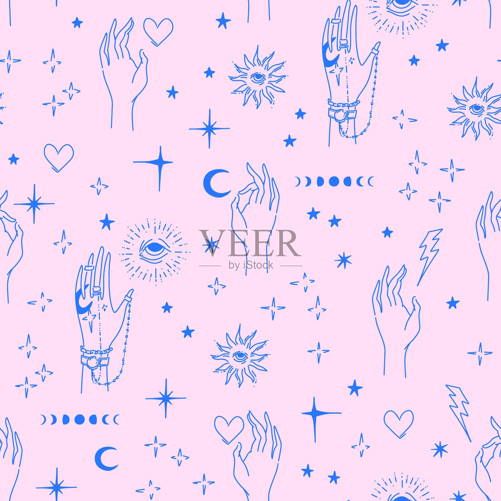 无缝纹身风格图案，包含手、心形、星星和带眼睛的太阳符号。魔法设计，矢量插画。插画图片素材