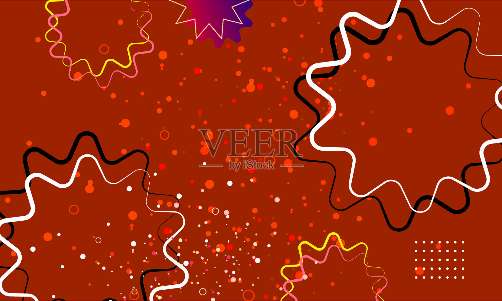 红色背景抽象几何图形，带有圆形波浪形状、点和元素。现代设计，非常适合横幅和海报设计插画图片素材