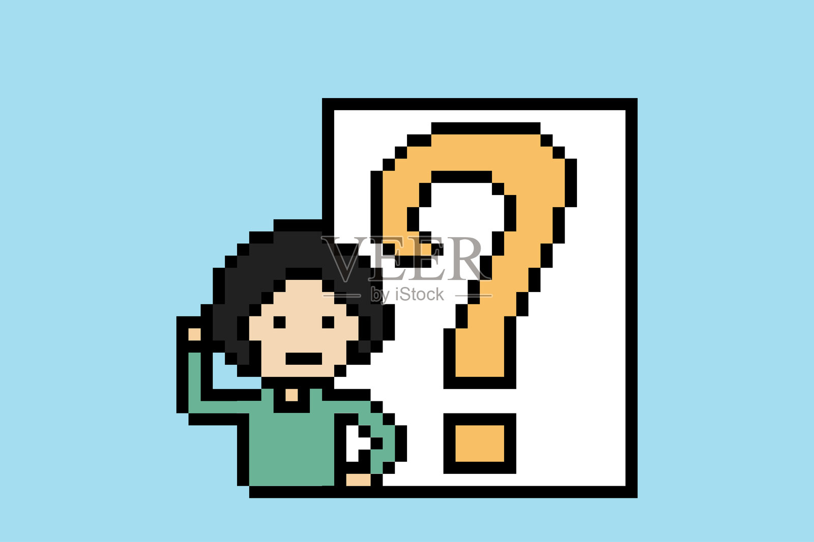 卡通风格的像素风插画，描绘了学生在课堂上提问、思考问题或获得灵感，展现学习场景。插画图片素材