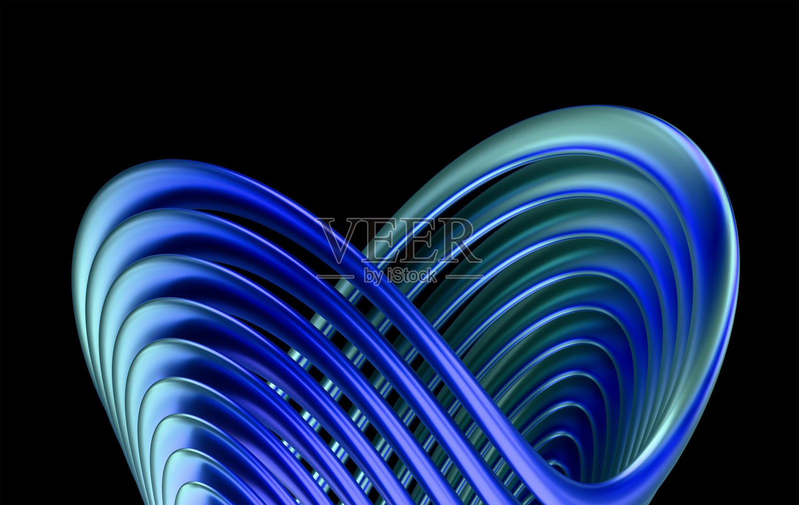 黑色背景上具有流动蓝 cyan 曲线的 3D 抽象金属结构照片摄影图片