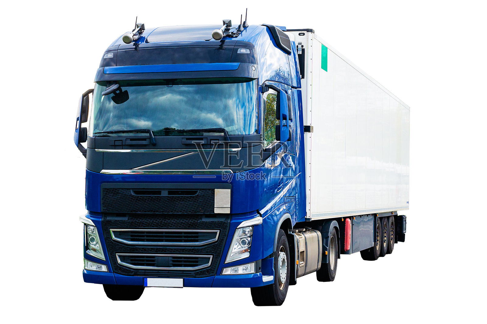 蓝色的货运卡车，配有白色拖车照片摄影图片