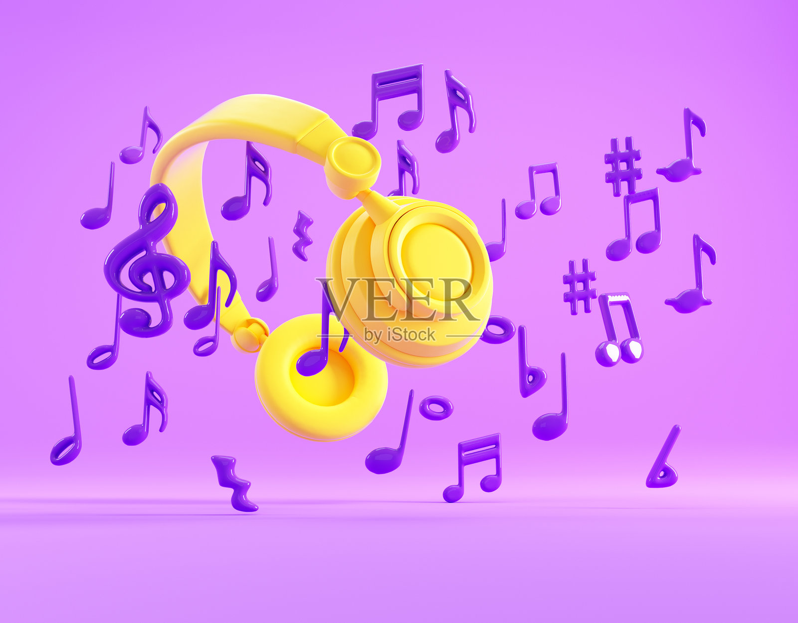 五颜六色的耳机被音符环绕，在充满趣味的场景中营造出充满活力的声音与节奏氛围照片摄影图片