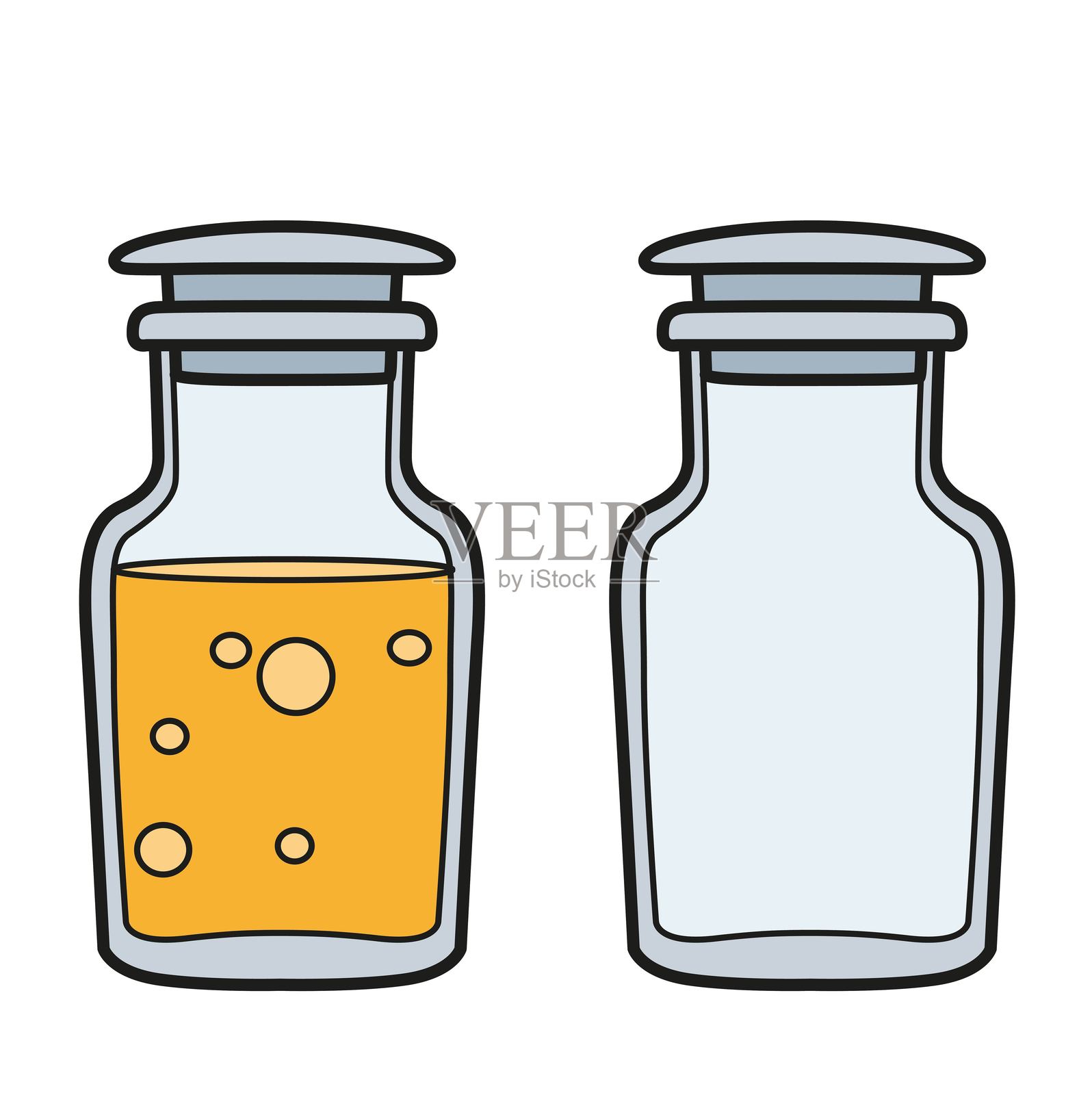 带盖实验室玻璃器皿，颜色多样，适用于着色页，背景为白色插画图片素材