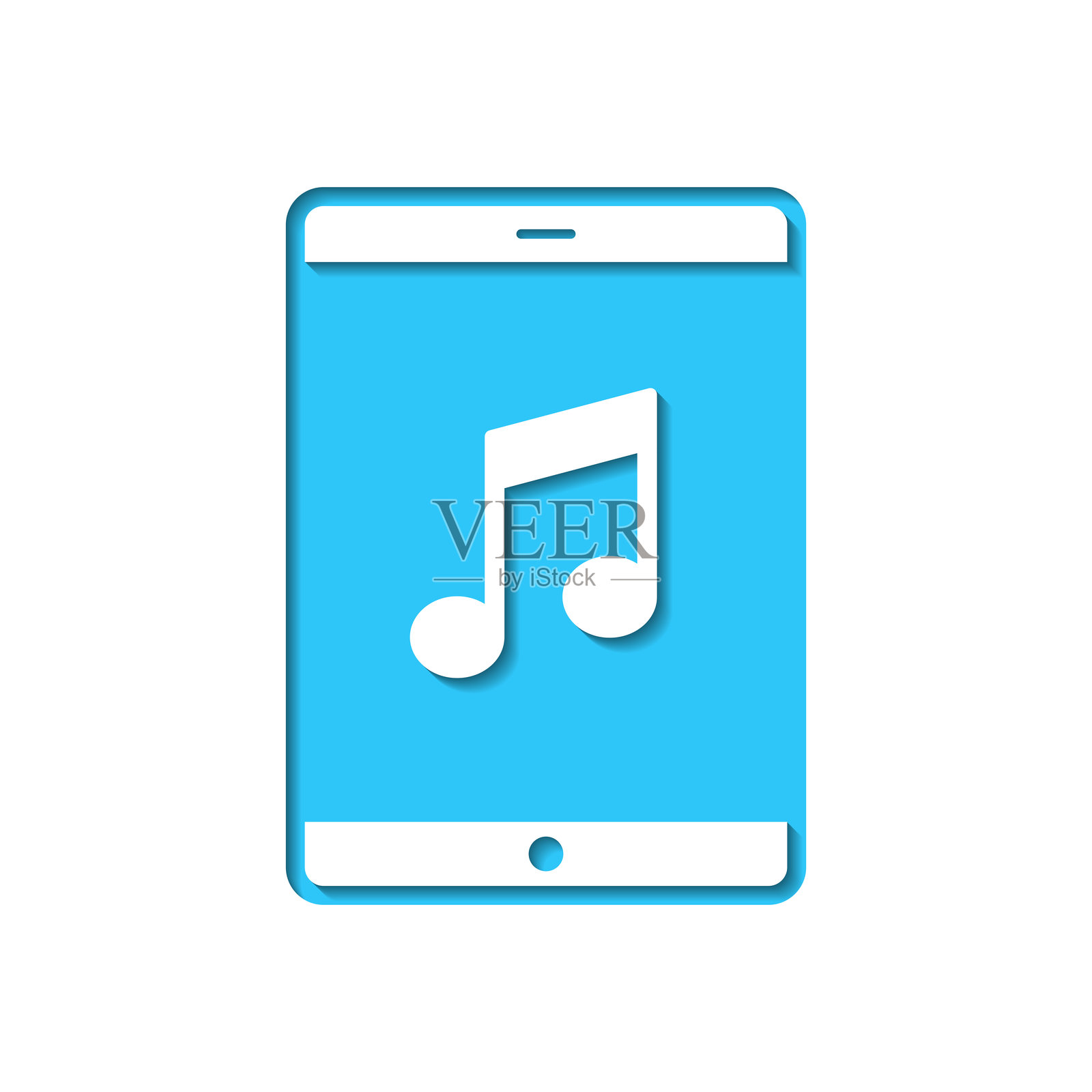 平板电脑上的音乐。在蓝色背景的白纸上剪出的图标。插画图片素材