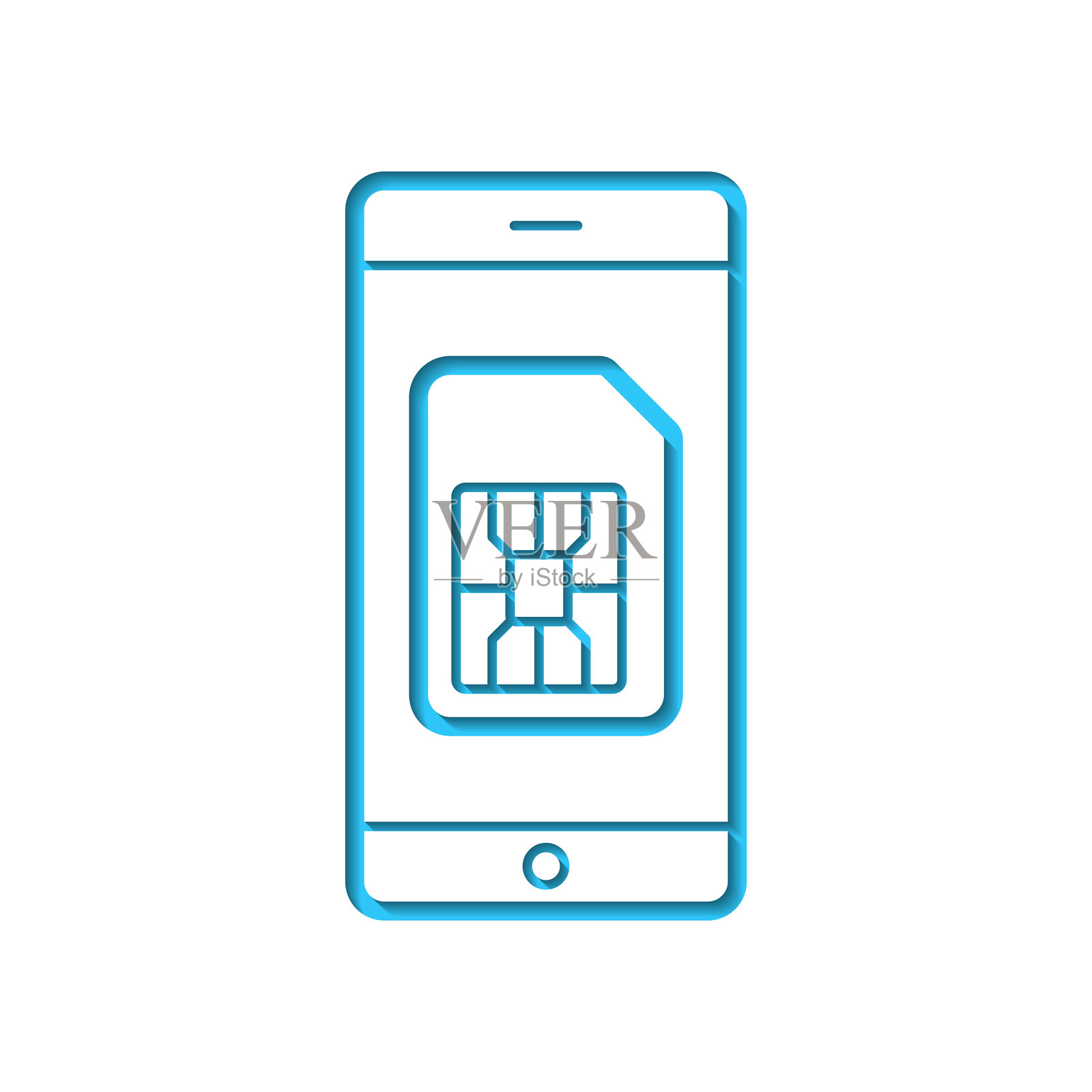 带有SIM卡的智能手机。图标在蓝色背景的白纸上被抠出。插画图片素材