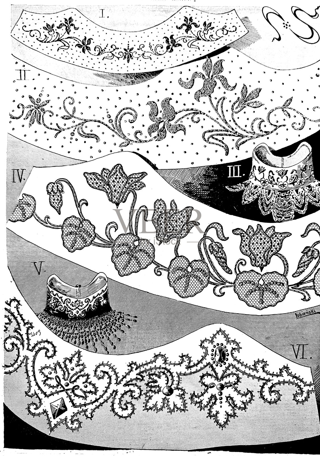 巴黎刺绣领设计——优雅的植物图案，展现了19世纪90年代工艺的静谧诗意插画图片素材