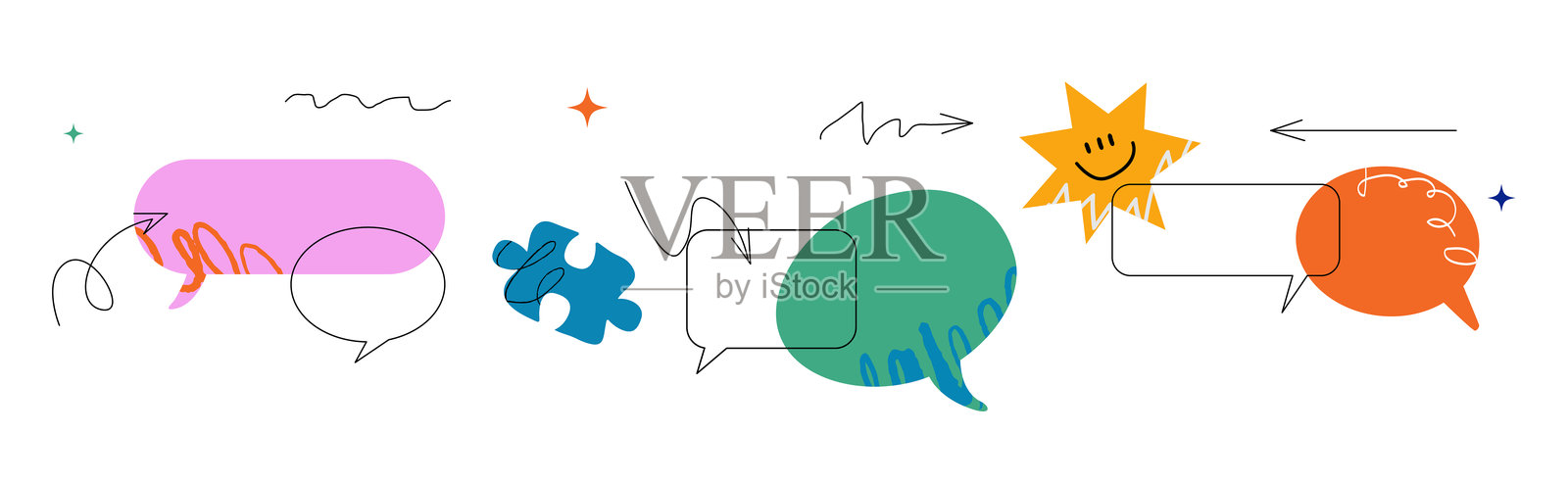 抽象生动的涂鸦集合，包含交流气泡和设计元素。代表思考、头脑风暴和协作的符号。插画图片素材