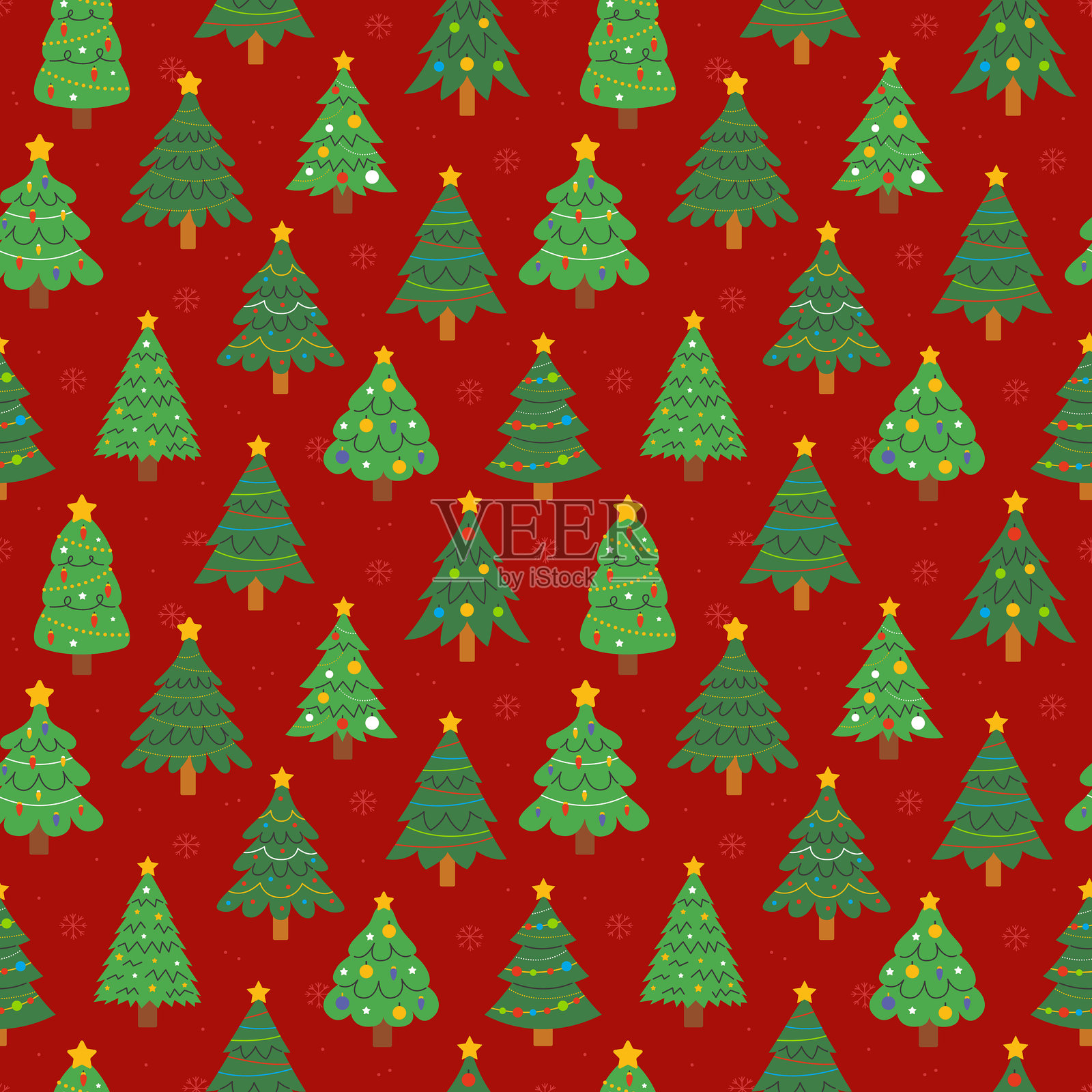 红色背景上装饰有圣诞玩具和花环的圣诞树无缝图案。新年和圣诞节矢量插图。插画图片素材