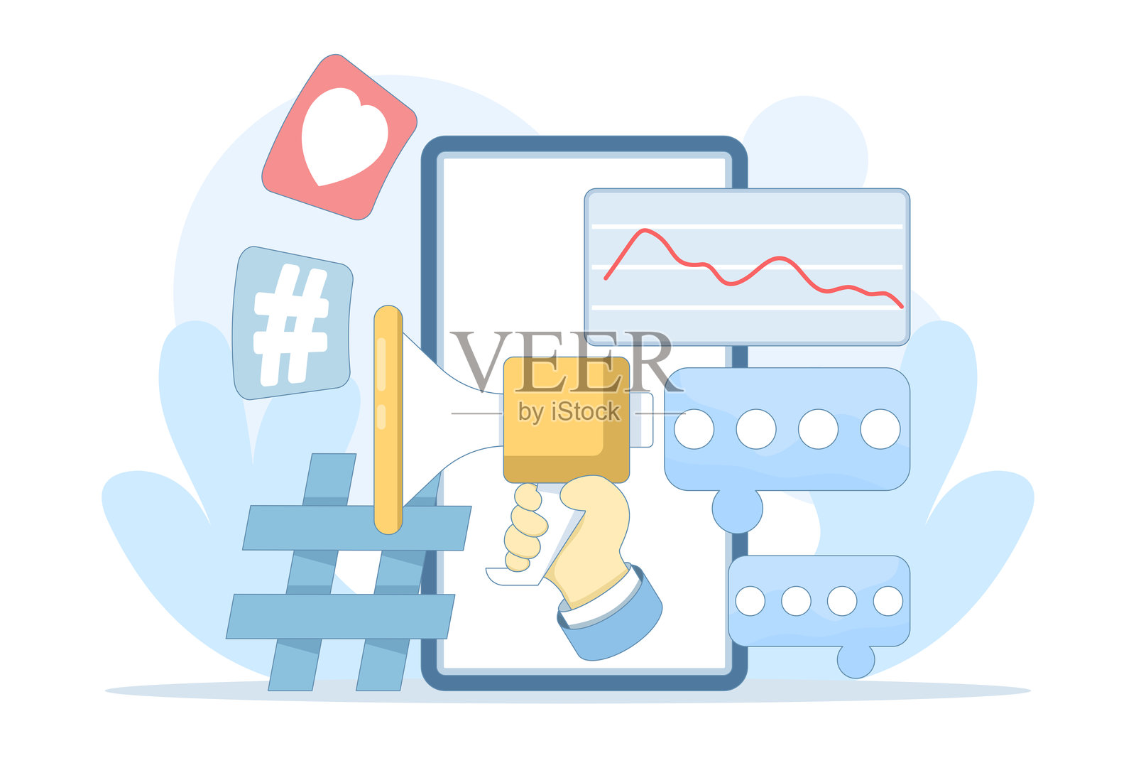 社交媒体营销概念，以智能手机、扩音器、点赞、评论和分析为特色，代表着有效的数字推广和受众参与策略。插画图片素材