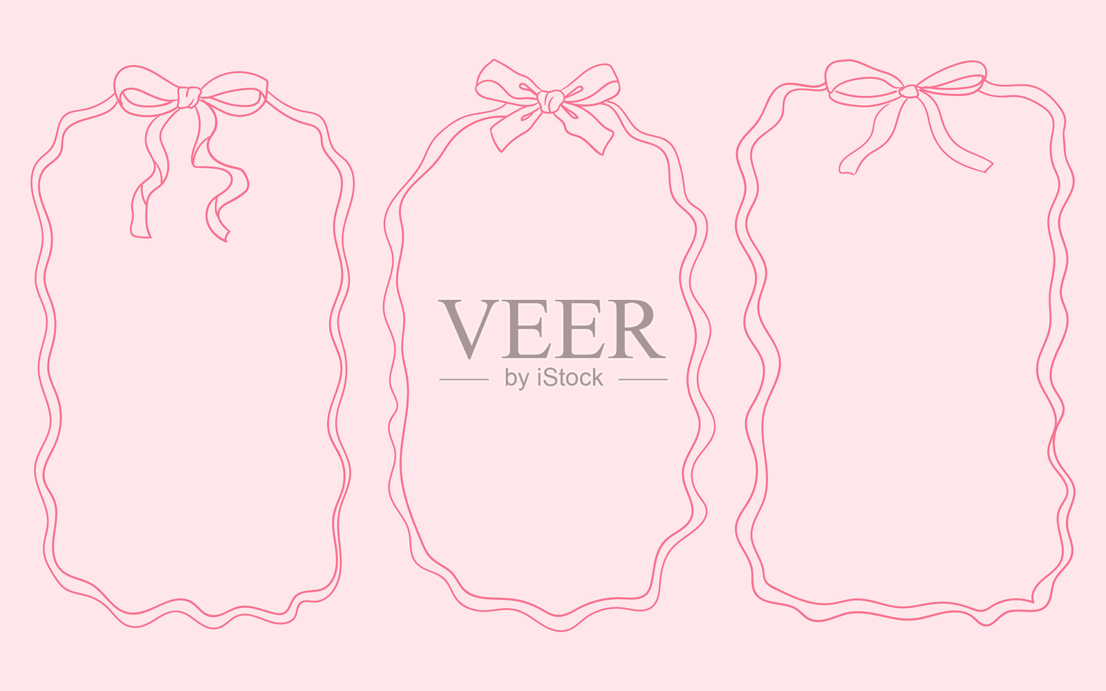 手绘粉色边框，带有蝴蝶结和丝带装饰。复古蝴蝶结边框，适用于贺卡、婚礼和生日派对、野餐邀请函，风格可爱优雅、俏皮迷人。插画图片素材
