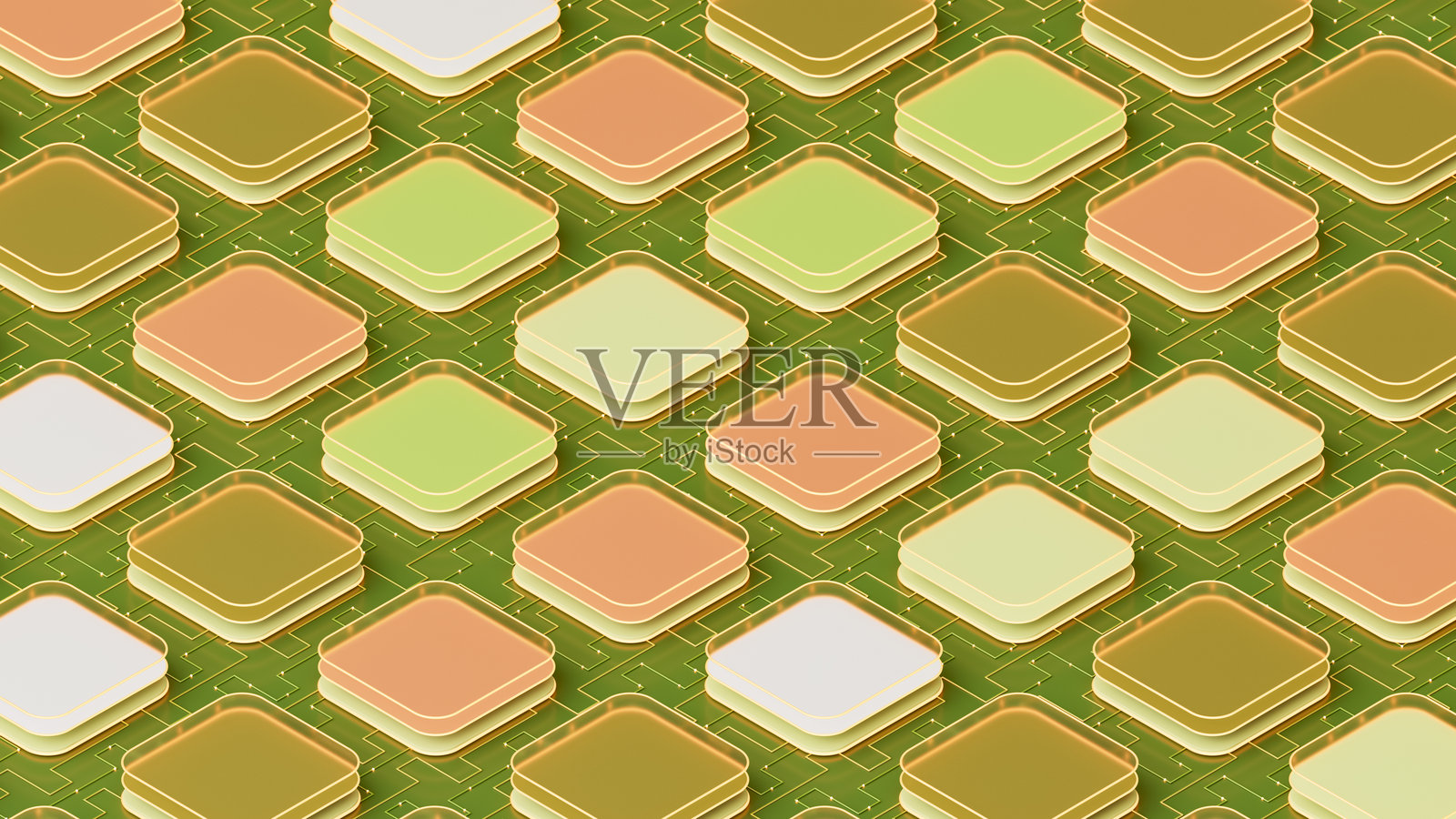 未来科技背景，带有玻璃块形状和电路板照片摄影图片