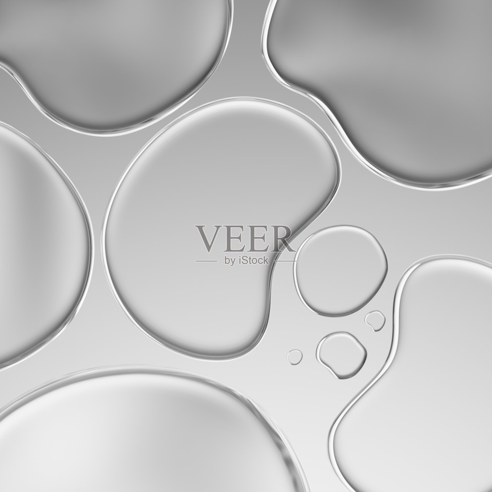 光滑表面上各种尺寸的液体液滴，形成有趣的形状和反射。构图突出了光影的融合。3D渲染照片摄影图片