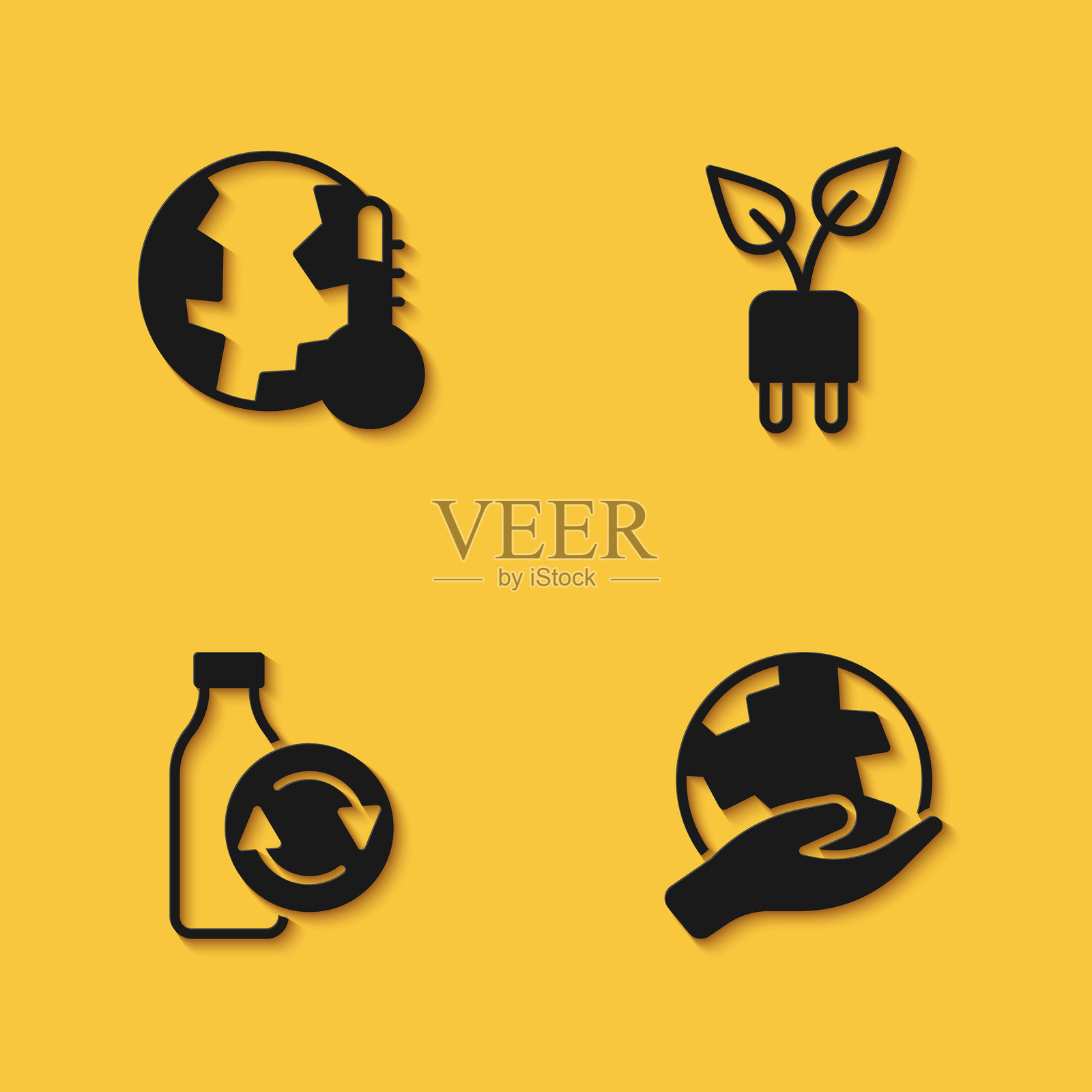 全球变暖导致地球融化，手持地球仪，回收塑料瓶和带长影子的节能插头叶子图标。矢量图插画图片素材