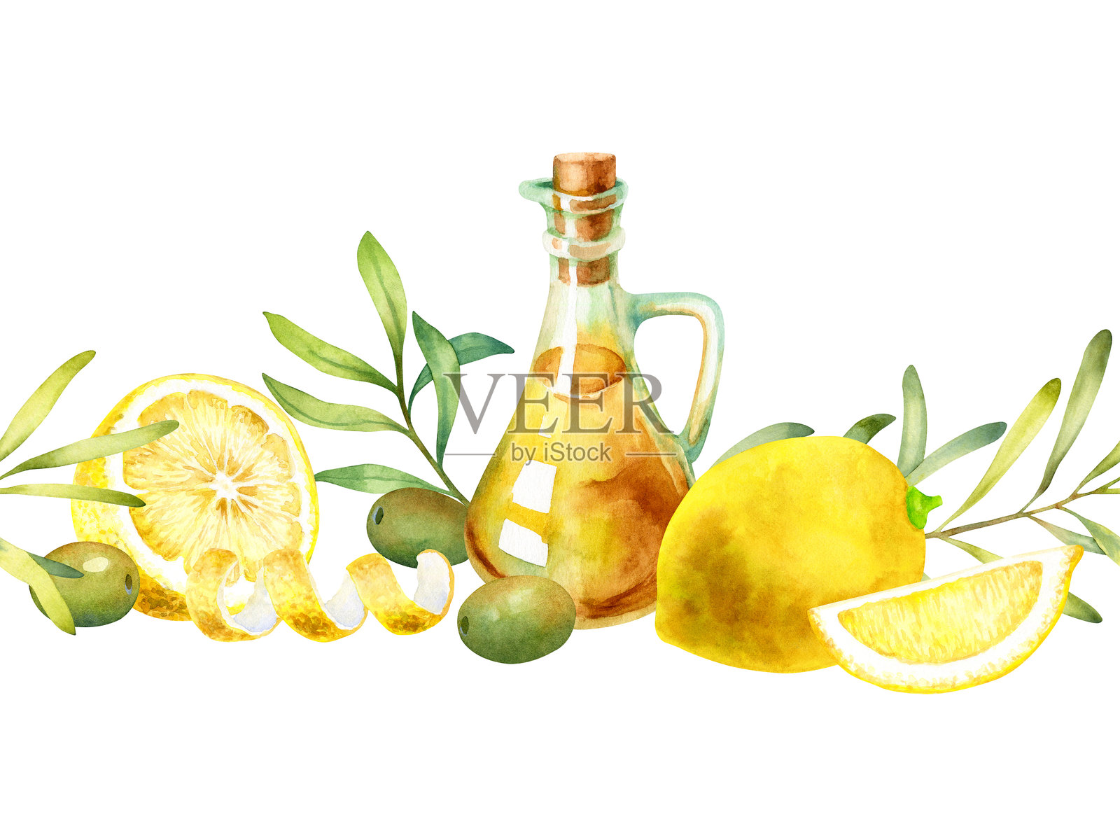 柠檬、绿橄榄油和树枝的水彩无缝边框，孤立在白色背景上。插画图片素材