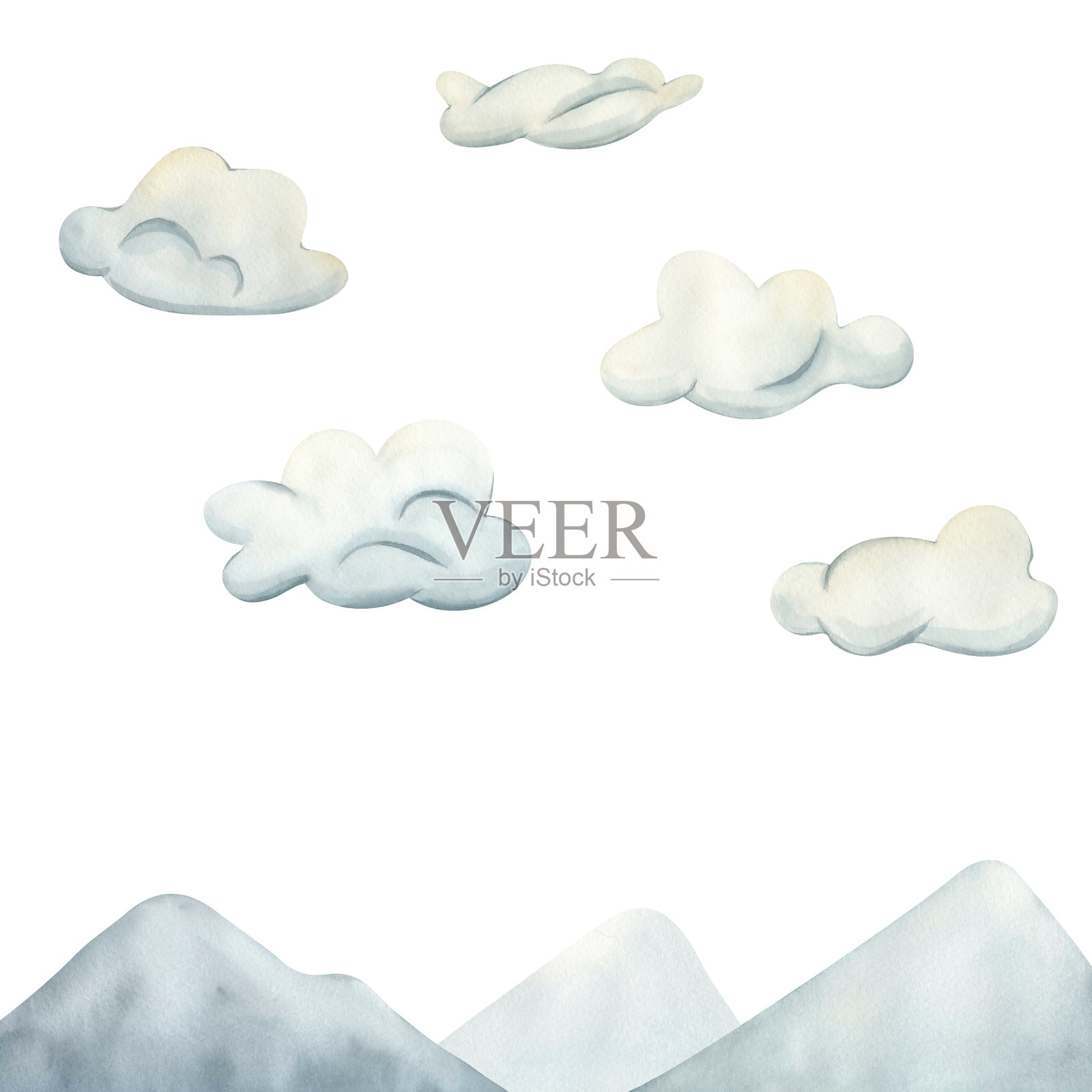 蓝褐色调的儿童风格水彩手绘插画，描绘了云朵在山峦上空飘浮的景象，适合儿童用品。插画图片素材