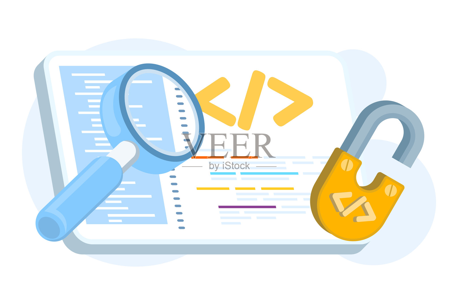 开源软件概念，展示了免费、协作的工具和可供定制的开放代码，采用简洁的扁平化矢量风格和图标进行插画。扁平化矢量插画插画图片素材