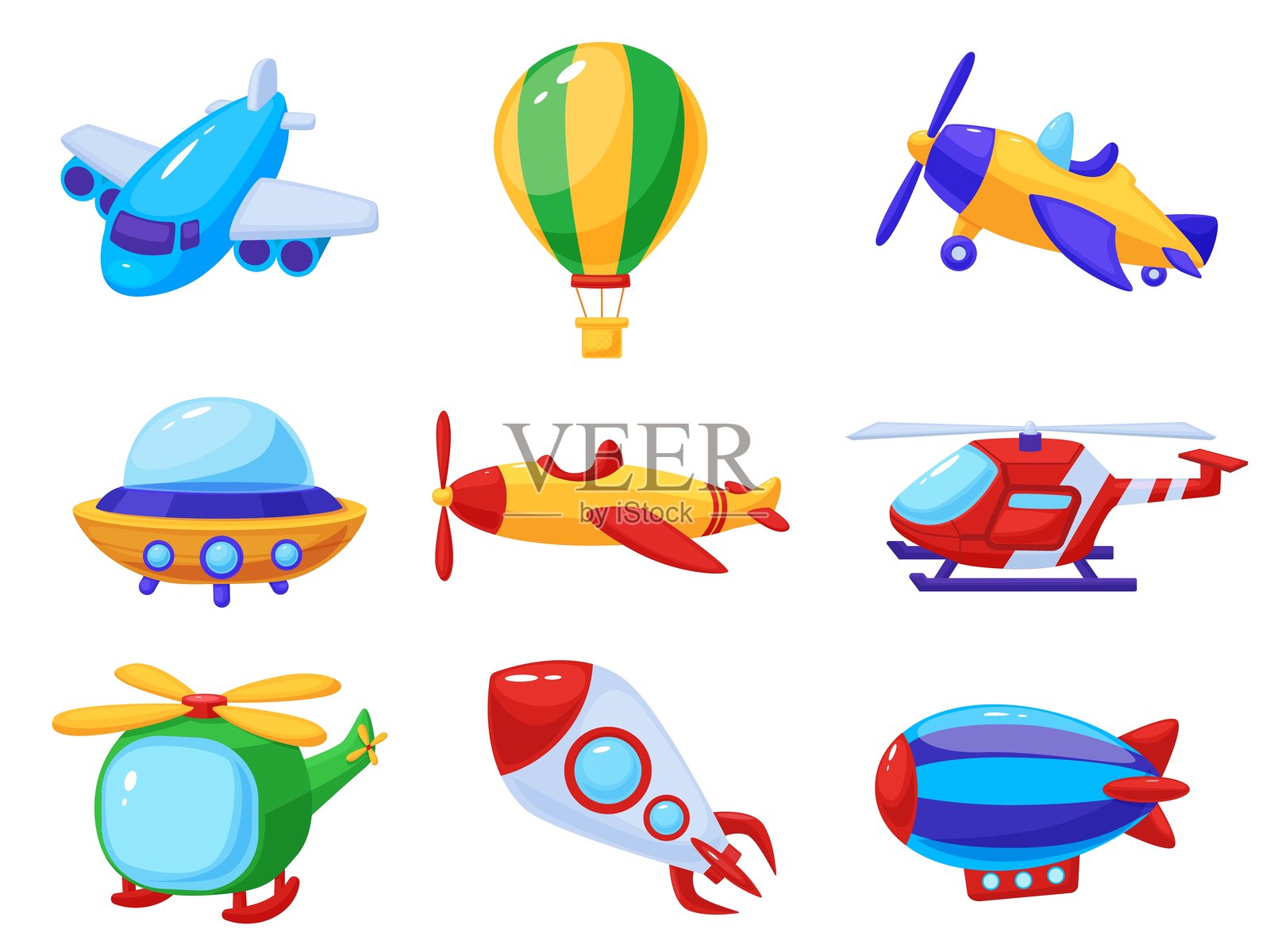 卡通空中交通工具。儿童塑料飞行玩具。飞船、热气球、救援直升机、外星飞船、飞艇和复古风格飞机，现代矢量图集插画图片素材