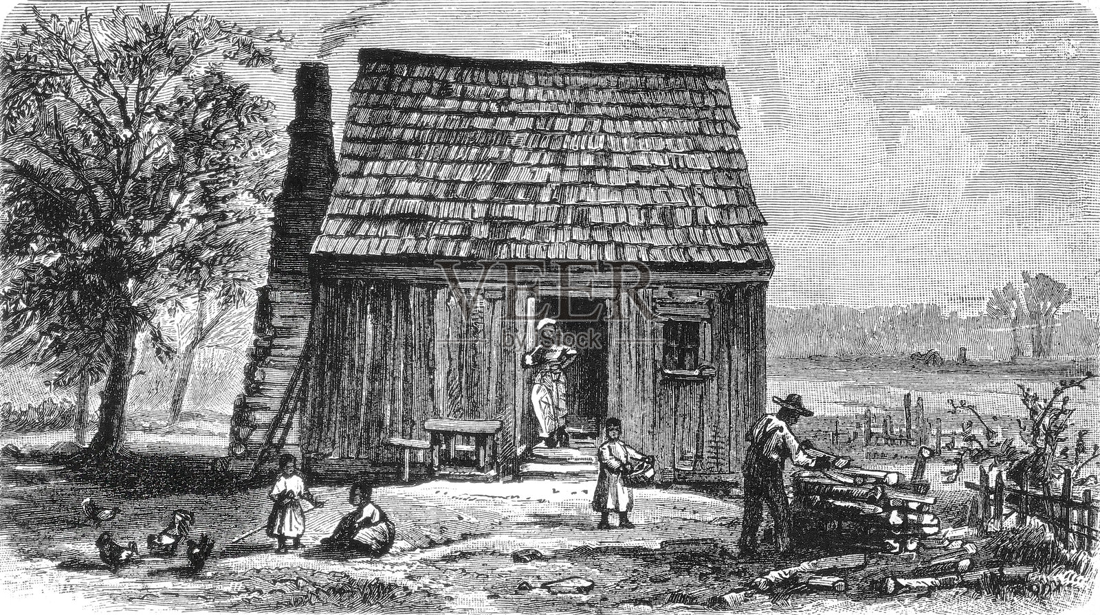 佛罗里达州风景中的非裔美国家庭住宅，采用地方建筑风格，展示了内战后的定居模式和南方农村生活记录，这是一幅1899年的老式复古插画。插画图片素材