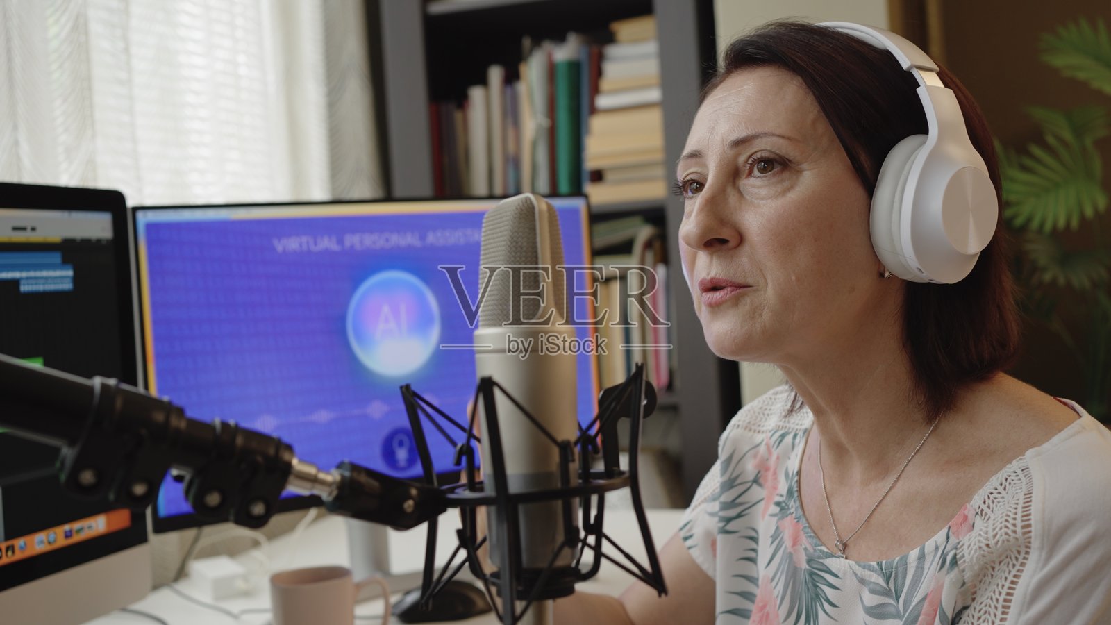 成熟的女性主持广播节目。人工智能在广播中的多模态应用照片摄影图片