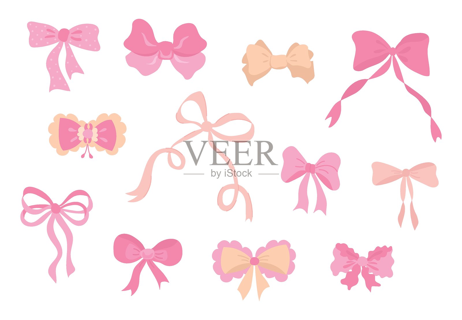 粉色蝴蝶结插画集。娇媚的蝴蝶结。白色背景，孤立插画图片素材