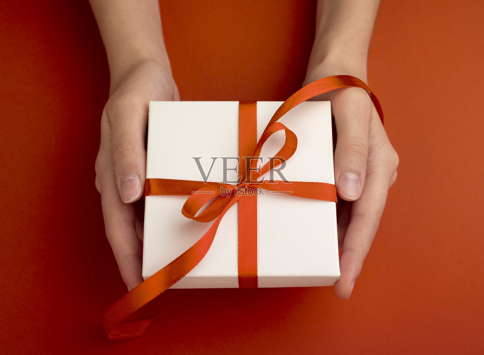 俯视特写，双手捧着系有红色丝带的白色礼品盒。节日礼物概念。照片摄影图片