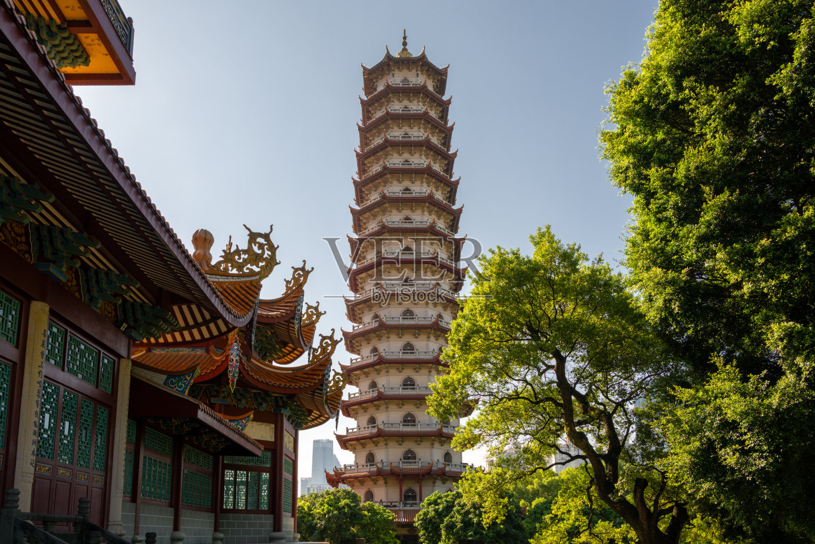 郁郁葱葱的绿色植被环绕着古老的宝塔和传统建筑的宁静景象照片摄影图片