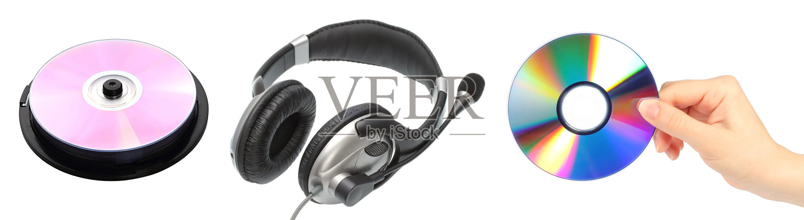 CD和耳机音乐物品套装，透明背景上分离照片摄影图片