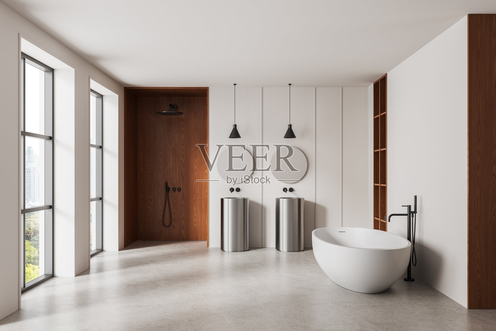 现代简约浴室，配有独立浴缸、双水槽和木质装饰，背景为明亮的自然光。三维渲染照片摄影图片