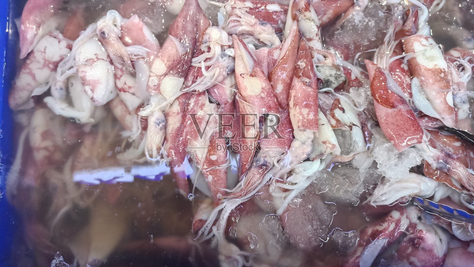 海鲜市场上展示在冰上的新鲜生鱿鱼，呈现出自然的纹理和色彩。非常适合烹饪、海鲜、新鲜度和食品行业主题。照片摄影图片