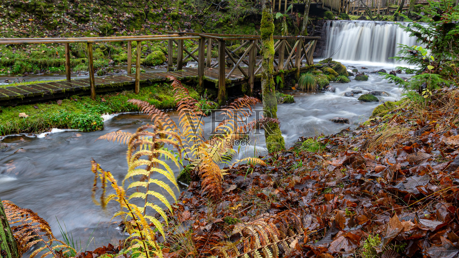 拉脱维亚伊耶里库磨坊，秋季，十一月，长曝光下的流水急流，秋日风光照片摄影图片