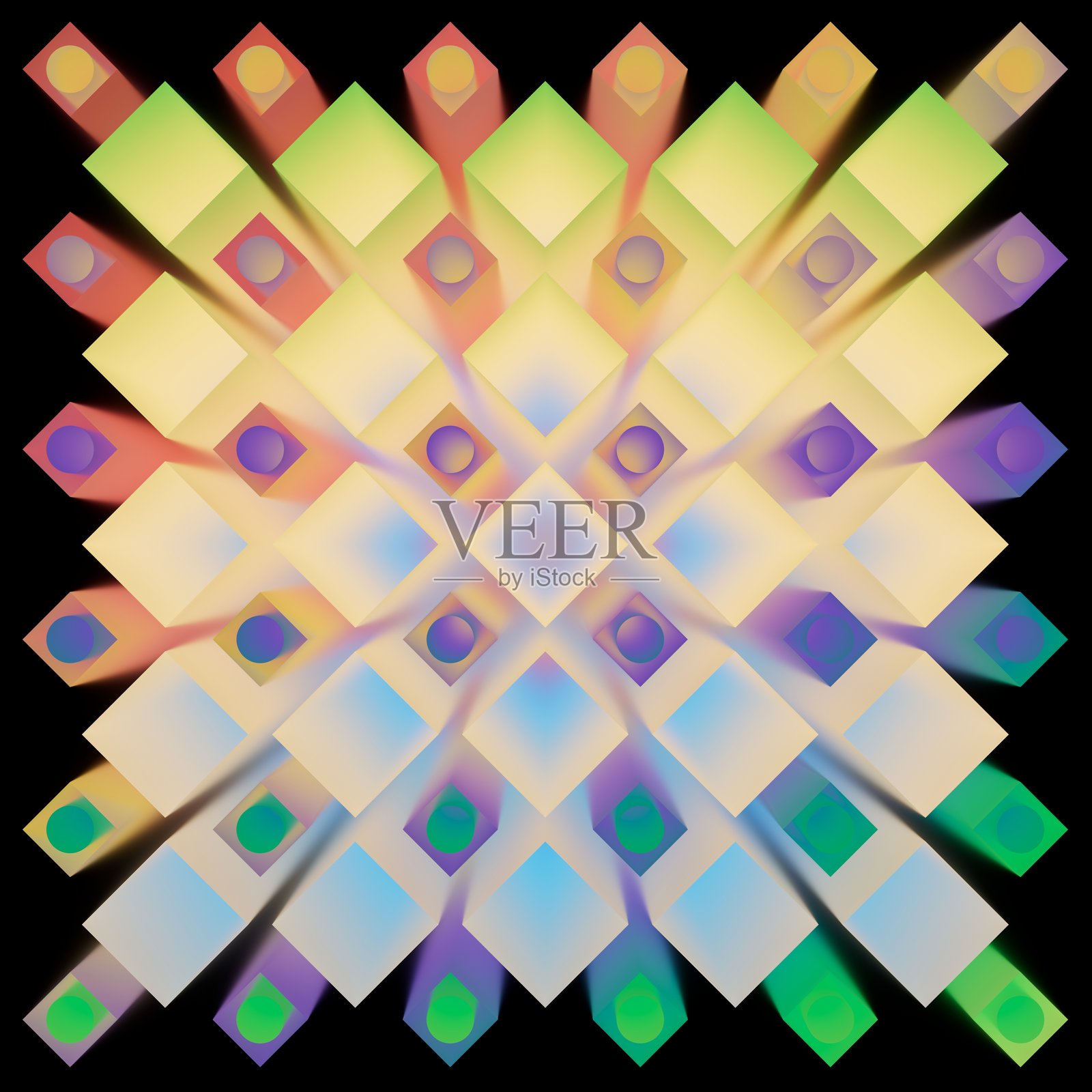 柔和的黄粉色钻石网格闪耀着微妙的霓虹灯光，并带有柔和、梦幻的效果。该图案空灵、现代且平静。3D渲染插图。照片摄影图片