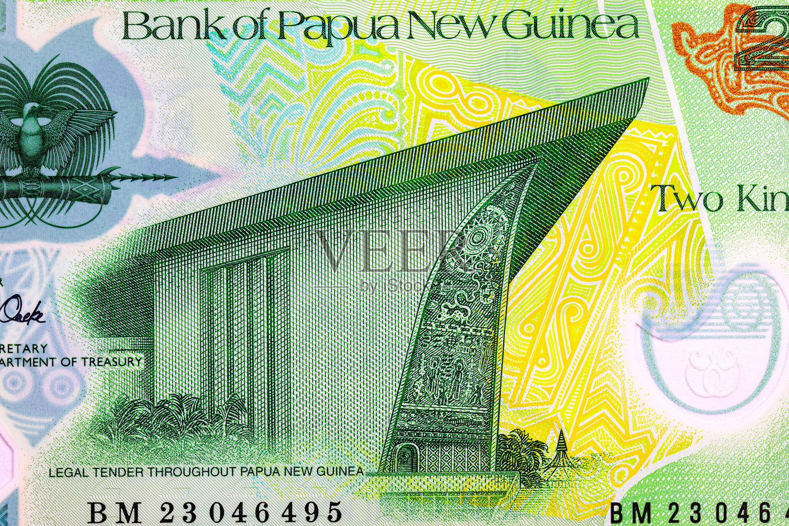 2023年巴布亚新几内亚2基那纸币，上面印有莫尔兹比港议会大厦的图案。巴布亚新几内亚的聚合物货币。照片摄影图片